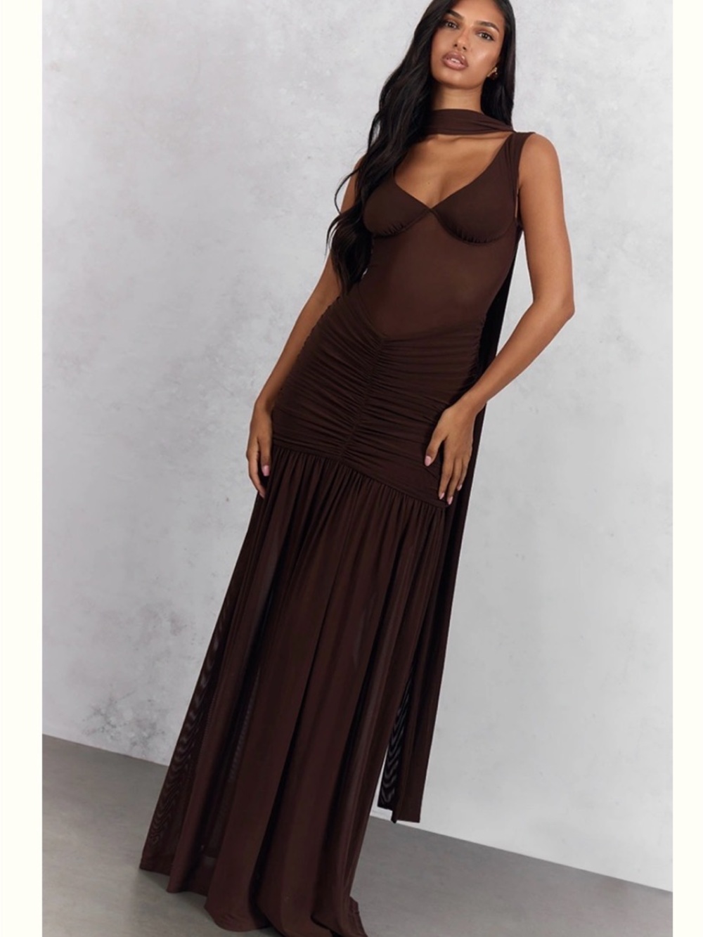 PrettyLittleThing Chocolate Brown Sheer Mesh Ruched Maxi Dress